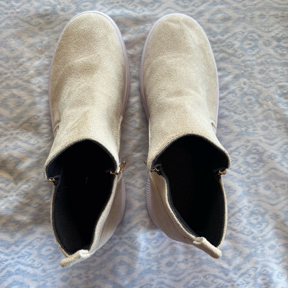 Beige Suede Slip-On Ankle Shoes Side Zippers